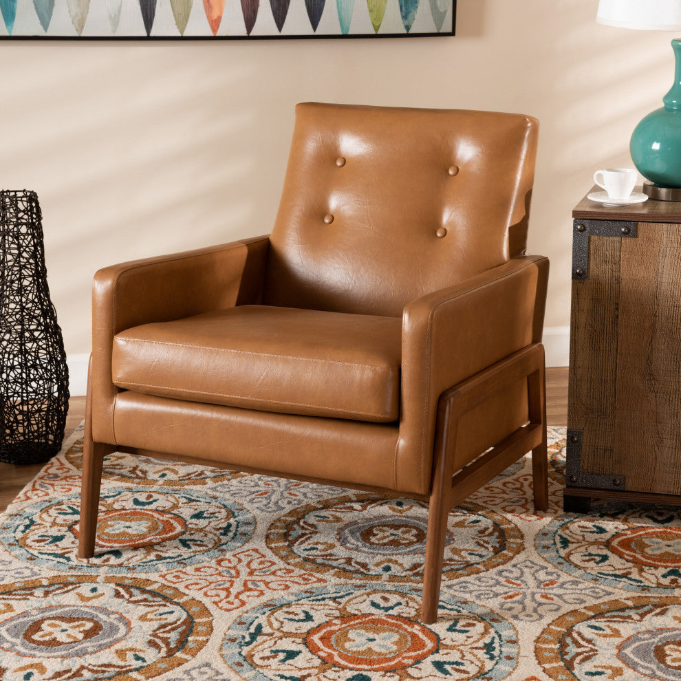 Yivi Mid-Century Tan Faux Leather and Walnut Brown Wood Lounge Chair