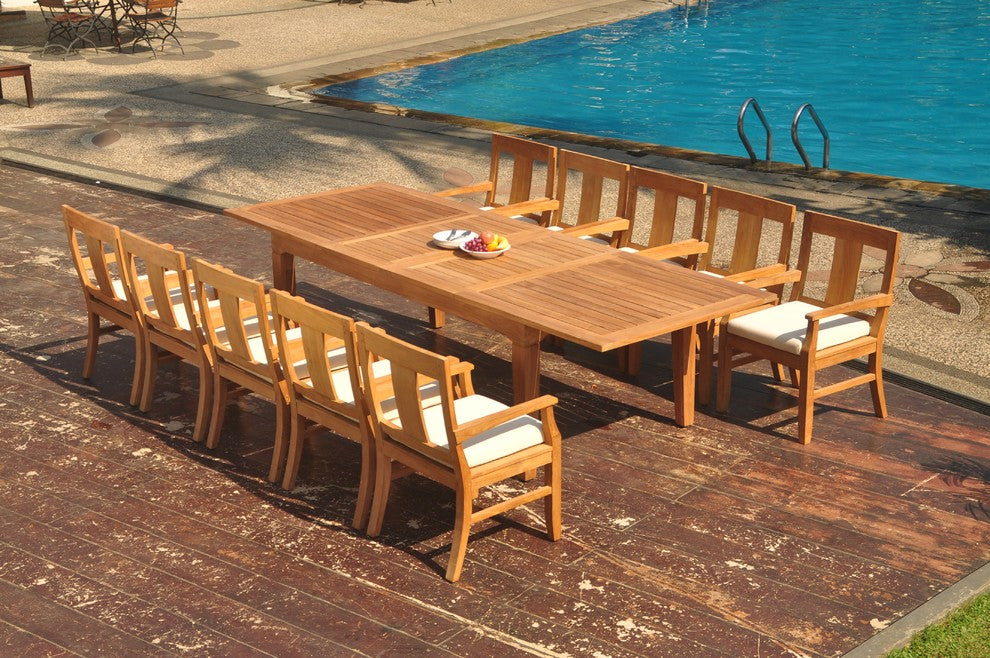 11-Piece Outdoor Teak Dining Set: 122" Extn Rectangle Table, 10 Osbo Arm Chairs
