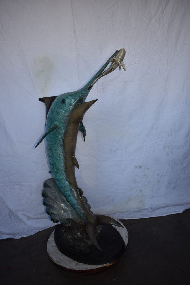 Marlin Fish Catching A Small Fish, Action Bronze Statue Size: 28" x 16" x 50
