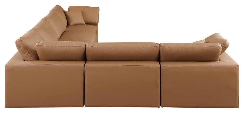 Comfy Upholstered L-Shaped Modular Sectional, Cognac, 6-Piece: 3 Armless Chair, 3 Corner Chair, Vegan Leather