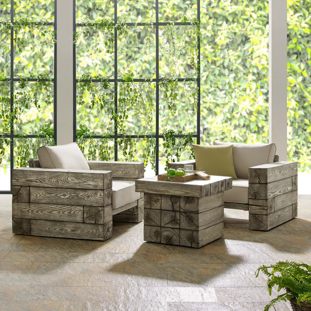 Lounge Chair Table Set, Sunbrella, Simulated Wood, Gray Beige, Outdoor