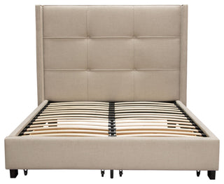 Queen Bed With Integrated Footboard Storage Unit and Accent Wings, Sand Fabric