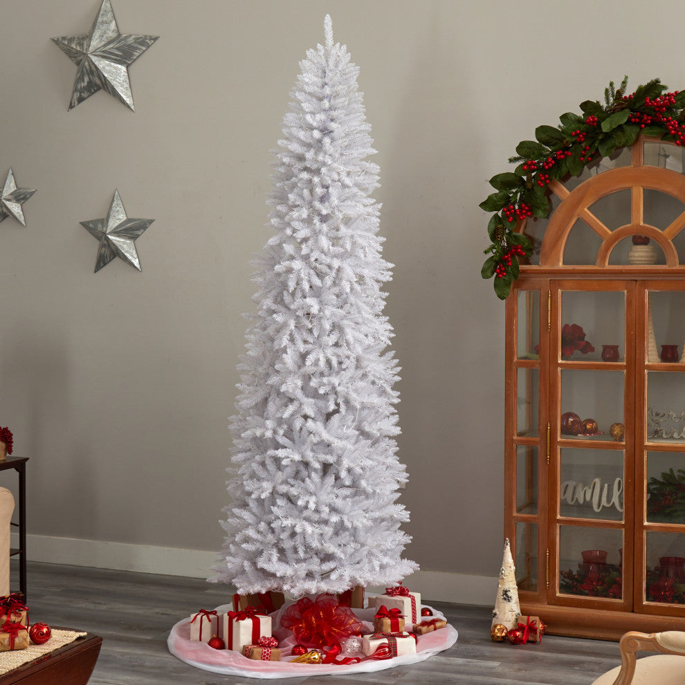 9' Slim White Artificial Christmas Tree With 600 White LED Lights/1860 Branches