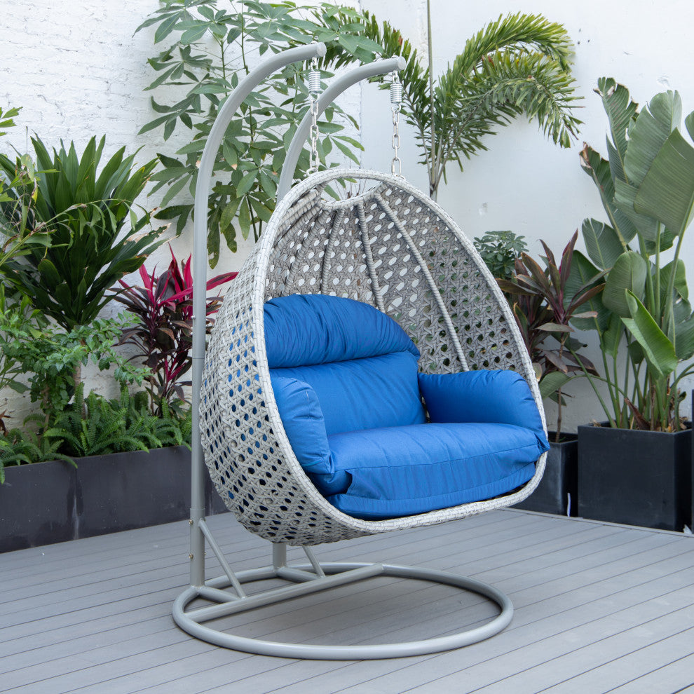 LeisureMod Mendoza Light Gray Wicker Hanging Double Egg Swing Chair, Blue