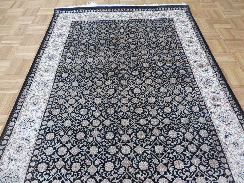 4x6 Handmade Black Fine Herati Tabriz Oriental Rug With Silk
