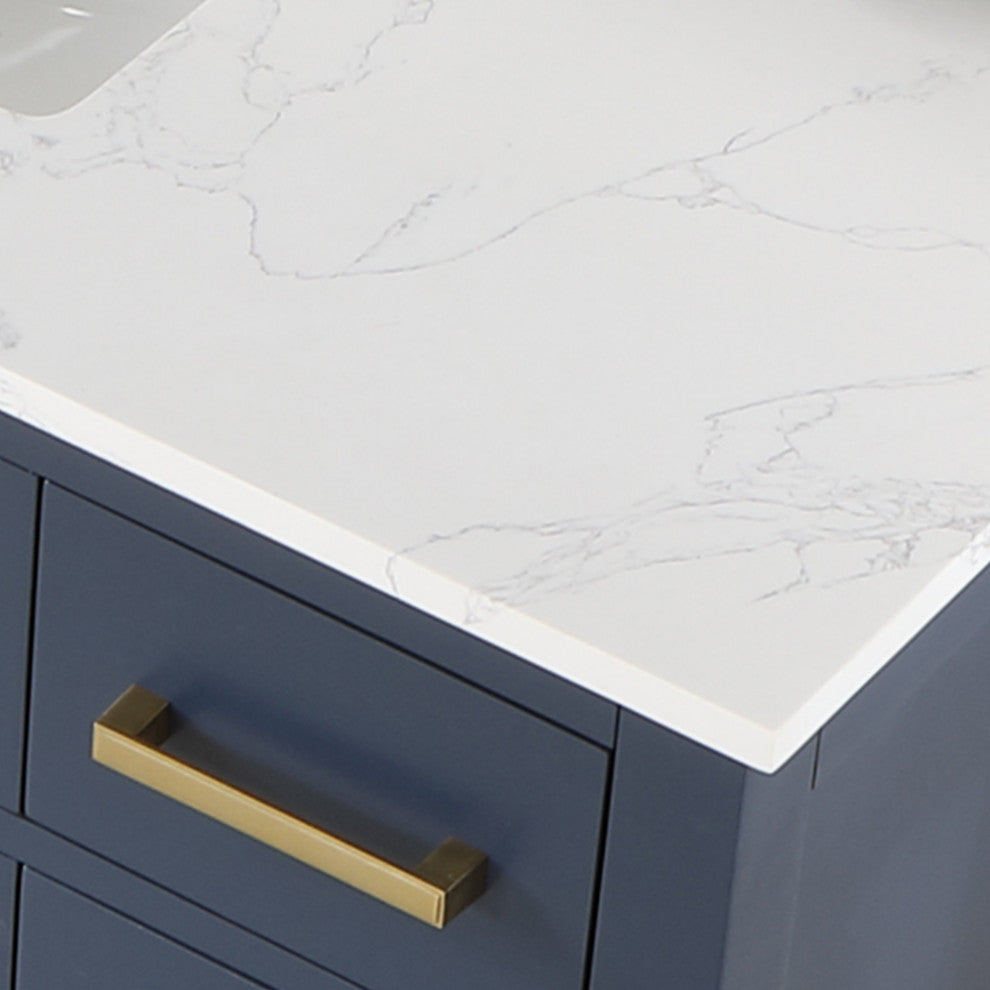 Gavino Vanity With Grain White Composite Stone Top, Royal Blue/Brushed Gold, 48", No Mirror
