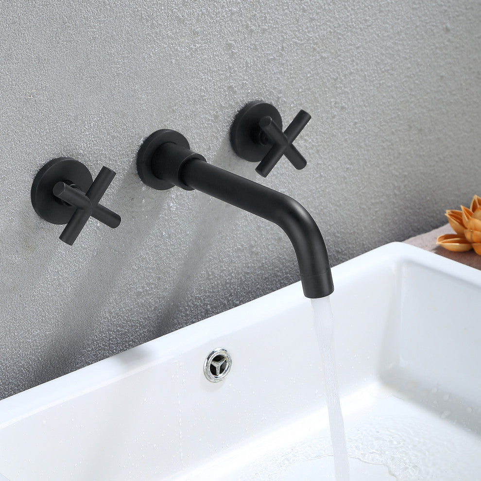 Three Holes Dual Handles Wall Mounted Bathroom Sink Faucet, Matte Black