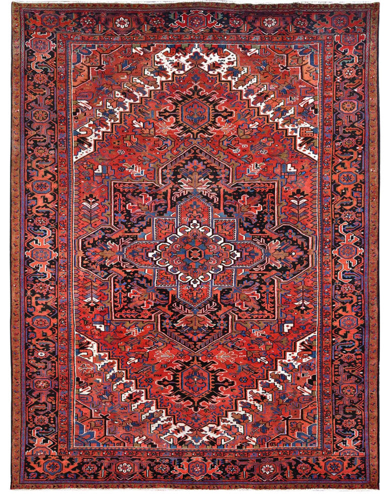 Imperial Red Pure Wool Hand Knotted Semi Antique Persian Heriz Rug 9'8"x13'