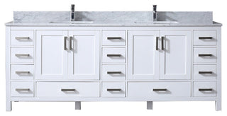 84" White Double Vanity, White Carrara Marble Top, White Sinks, No Mirror
