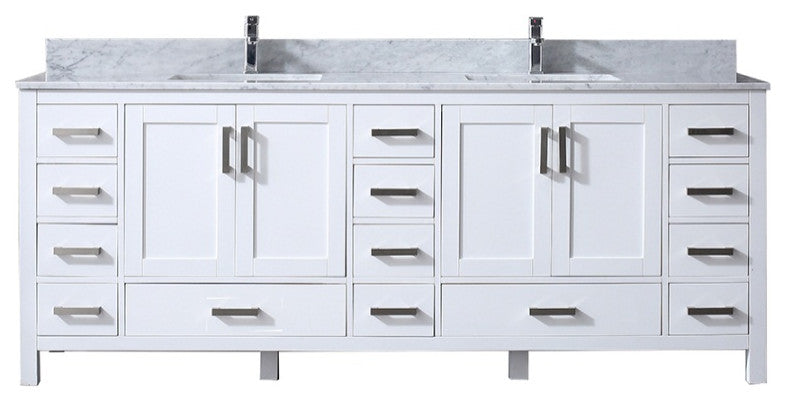 84" White Double Vanity, White Carrara Marble Top, White Sinks, No Mirror