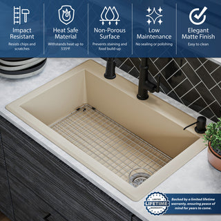 Karran Drop-In Quartz 33" 1-Hole Single Bowl Kitchen Sink Kit, Bisque