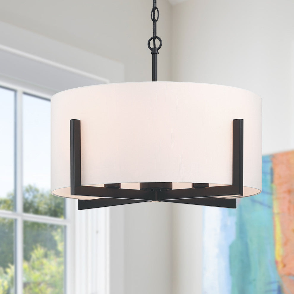 22" W 4-Light Matte Black Chandelier Pendant Light With White Drum Shade