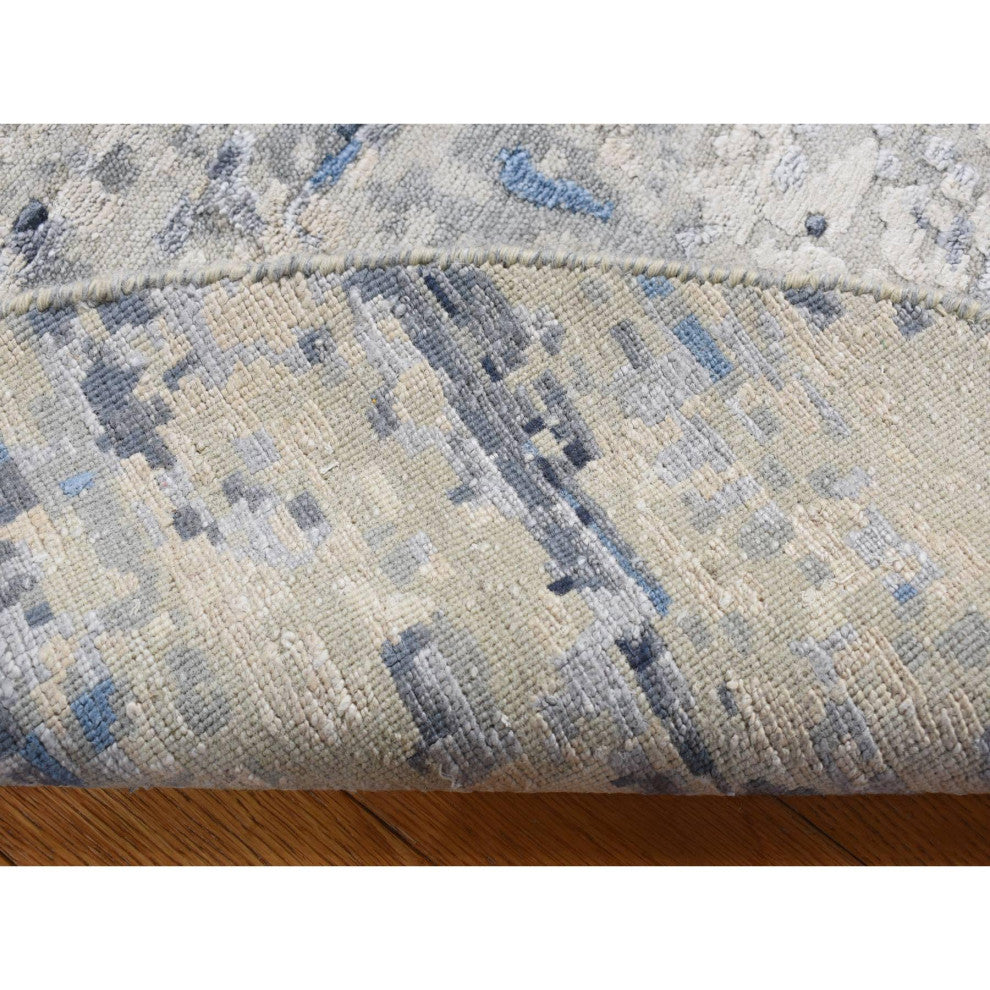 Sky Blue Broken Mosaic Design Wool and Silk Hand Knotted Round Rug 6' x 6'