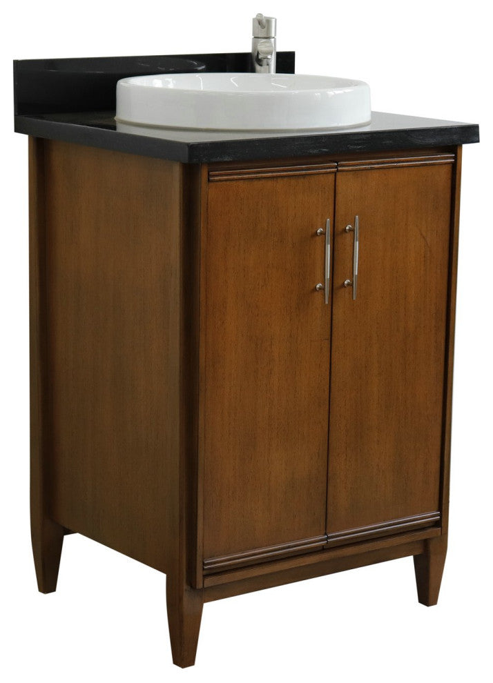 25" Single Sink Vanity, Walnut Finish With Black Galaxy Granite and Round Sink
