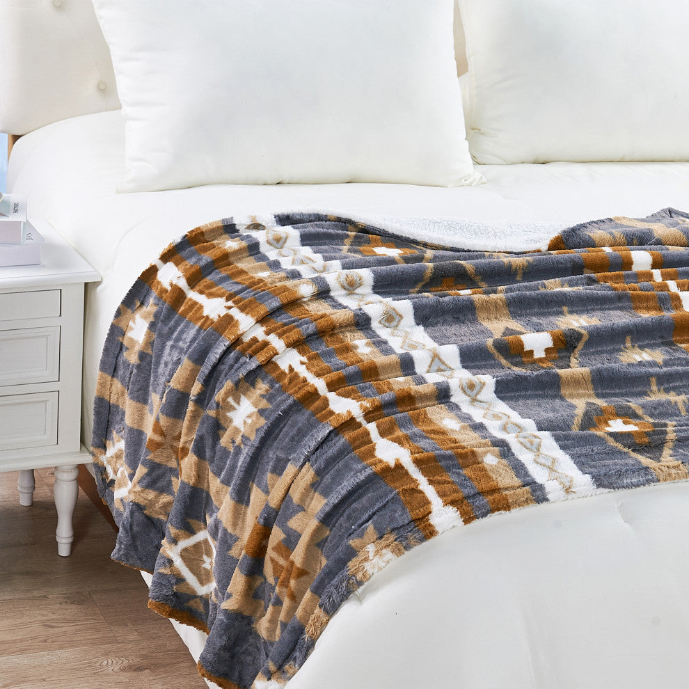 Southwest Faux Fur & Sherpa Backing Throw Blanket, Gray, 60" X 80"