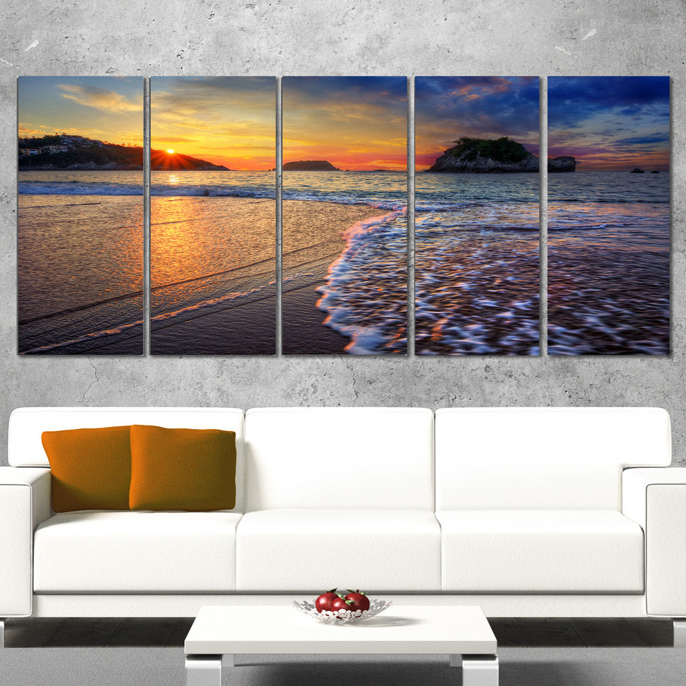 Sandy Beach with Rush Waves, Seashore Canvas Art Print, 60"x28", 5 Panels