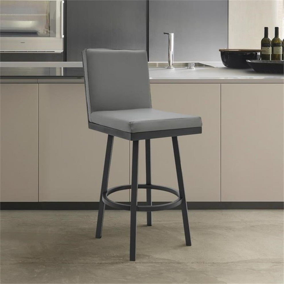 Armen Living Rochester 30" Faux Leather Swivel Bar Stool in Gray/Black