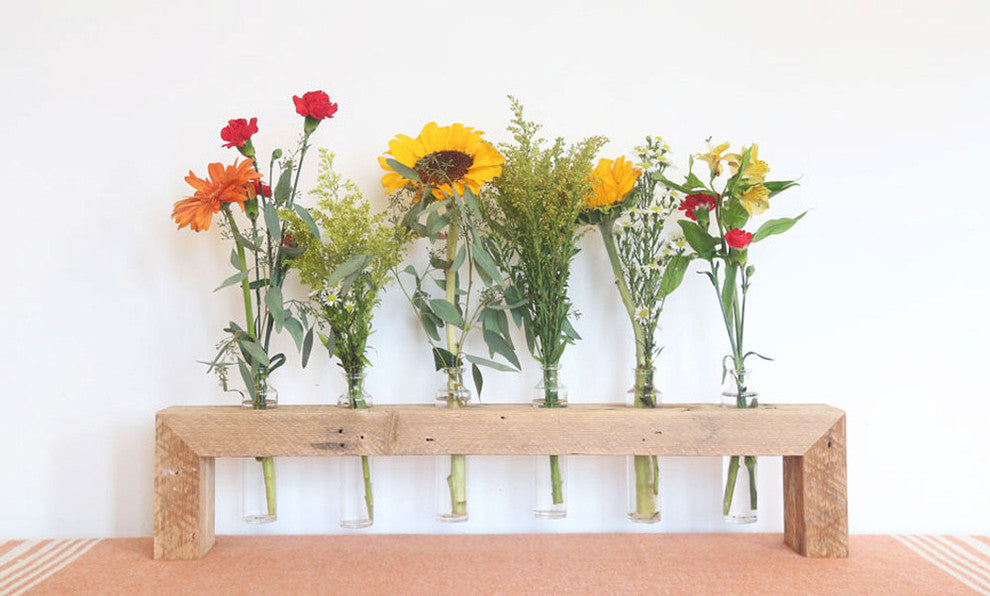 Glass Bud Vase Arrangement With Reclaimed Wood Holder, 6 Bottles