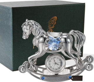 Chrome Plated Crystal Studded Silver Rocking Horse Desk Clock Ornament