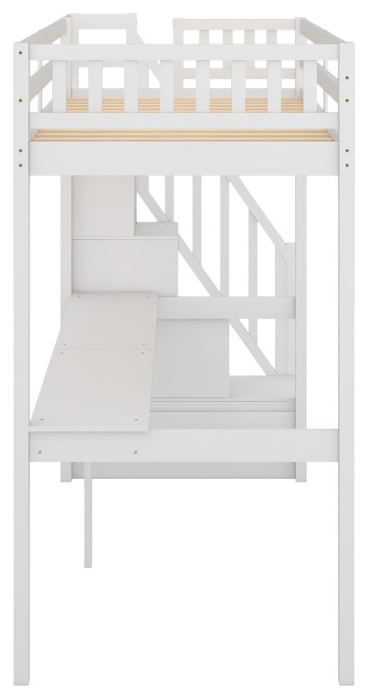 Gewnee Twin Size Loft Bed with Storage Staircase and Built-in Desk in White