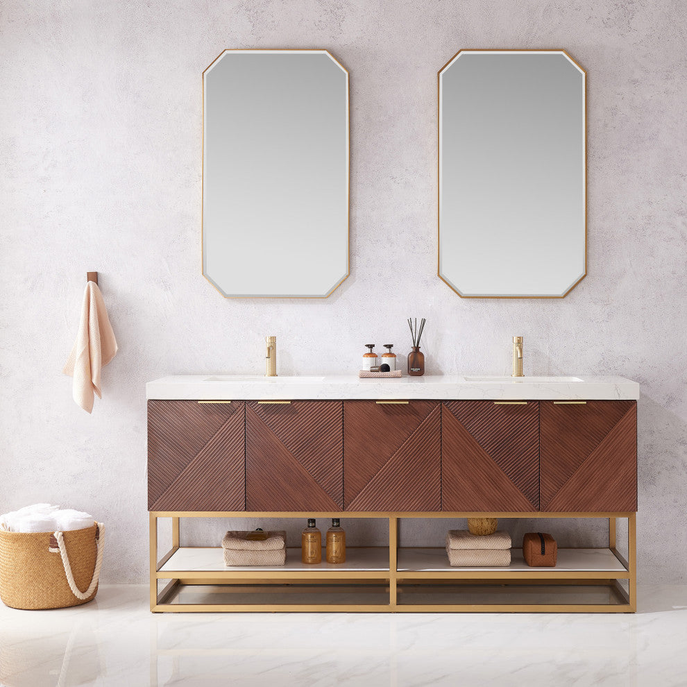 Mahon Bath Vanity, Stone Top, Brushed Gold Base, 72", Double Vanity, No Mirror