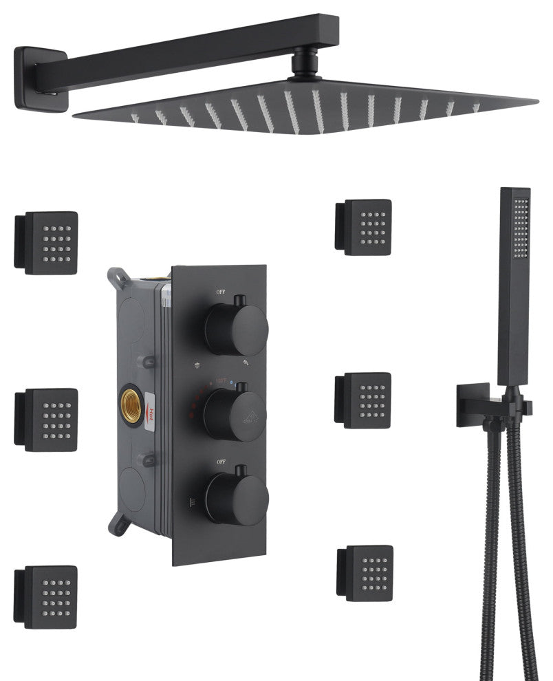 CASAINC 12" Wall Mounted 3 Way Thermostatic Luxury Shower System Set, Matte Black