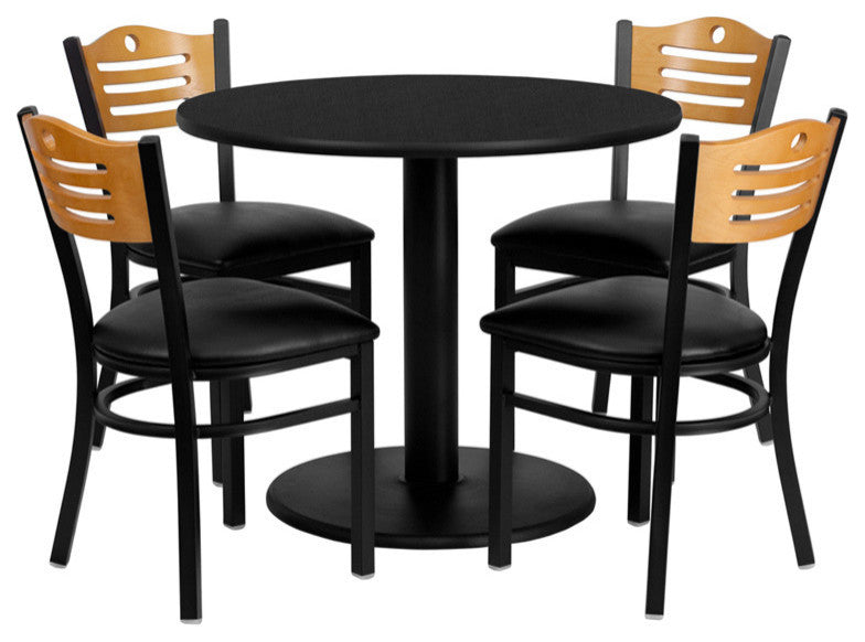 36'' Round Black Dining Laminate Table Set, 4 Wood Slat Back Metal Chairs