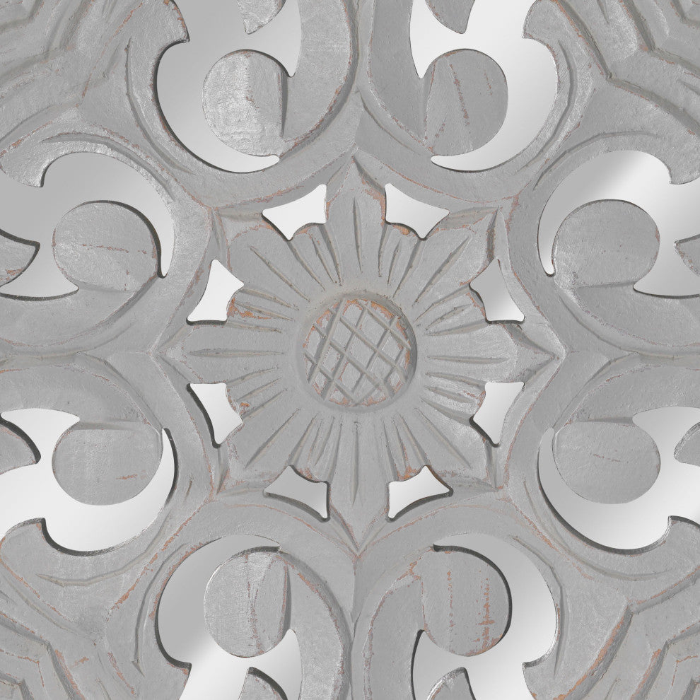 Distressed Reflective Grey Floral Wood Square Wall Medallion - 16"x16"