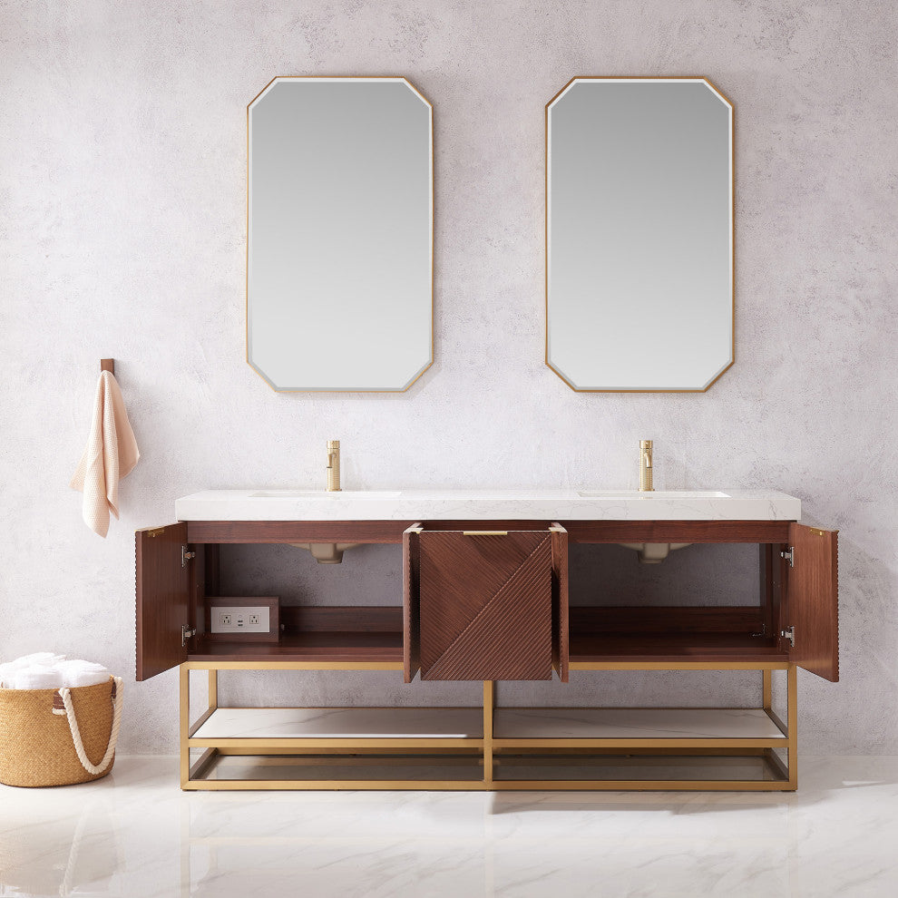 Mahon Bath Vanity, Stone Top, Brushed Gold Base, 72", Double Vanity, No Mirror