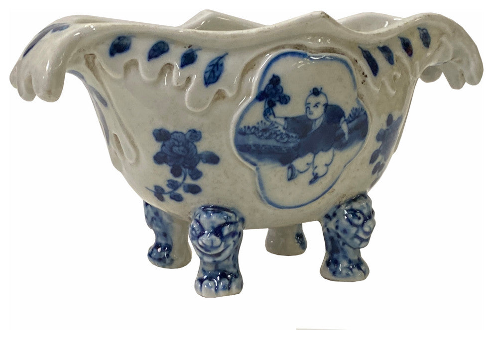 Chinese Oriental Blue Off White Porcelain Graphic Container Planter Hws1792