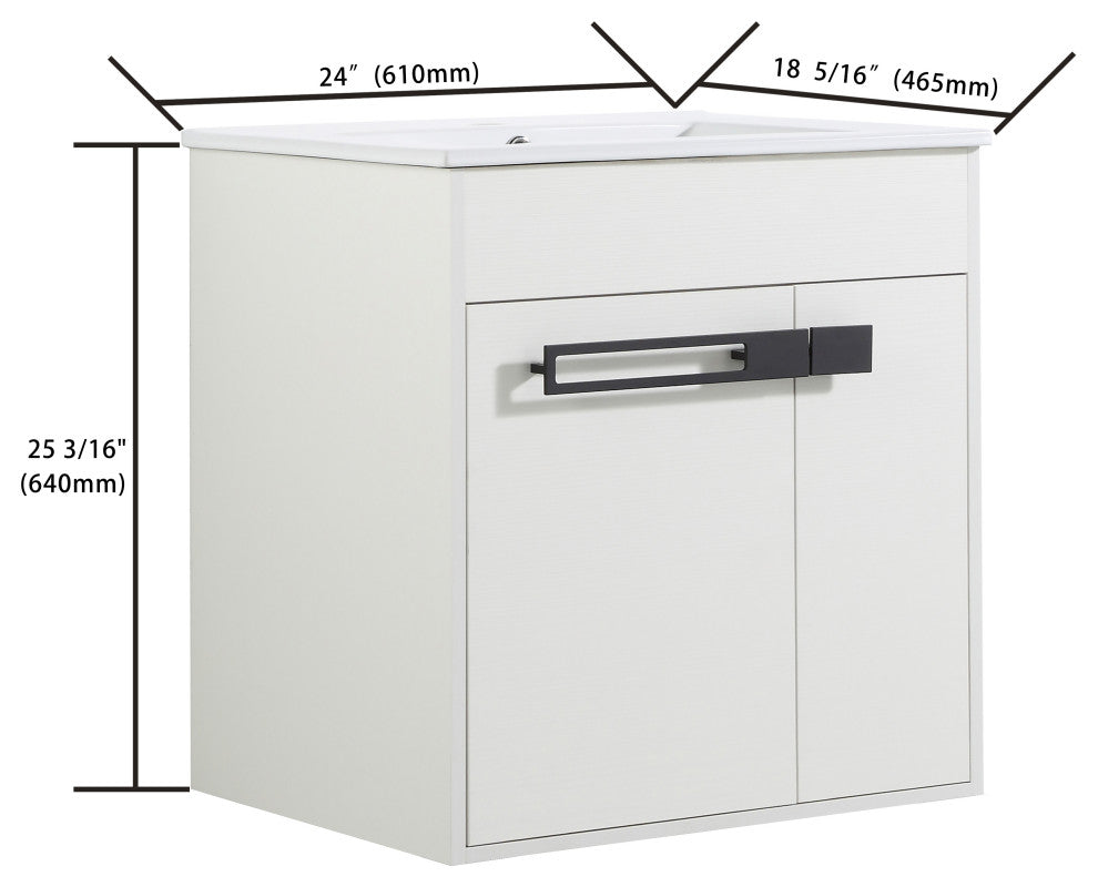 Freestanding/Floating Bathroom Vanity With white Ceramics Top, White, 24"