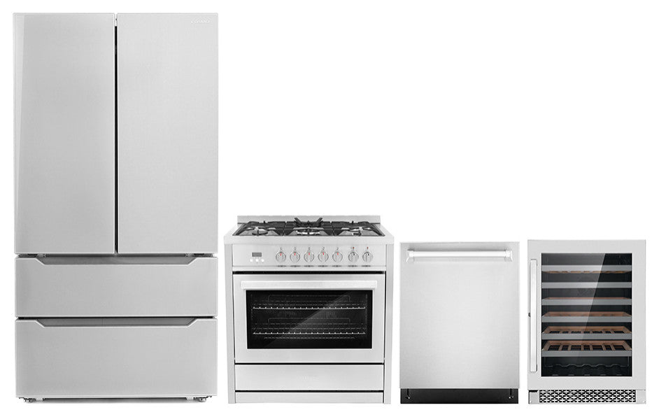 4-Piece, 36" Range, 24" Dishwasher, Refrigerator and 48 Bottle Wine Cooler
