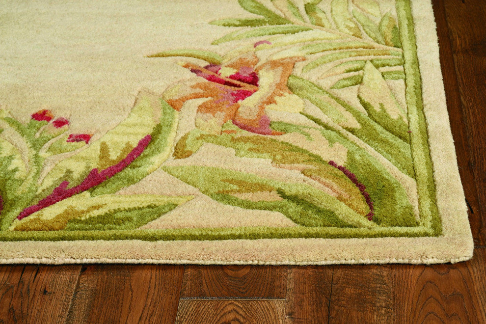 HomeRoots 8' Ivory Hand Tufted Bordered Tropical Flowers Round Indoor Area Rug