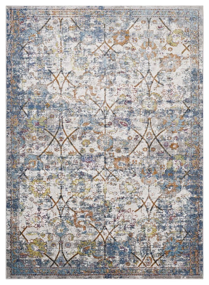 Modway Minu Distressed Floral Lattice 8'x10' Area Rug, Light Blue, Yellow