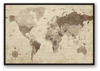 Distressed World Map Walnut Floating Framed Canvas, 32"x48"