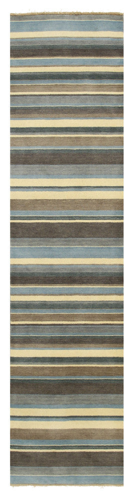 Blue/Brown Striped Handmade Wool Rug, 2'x10'