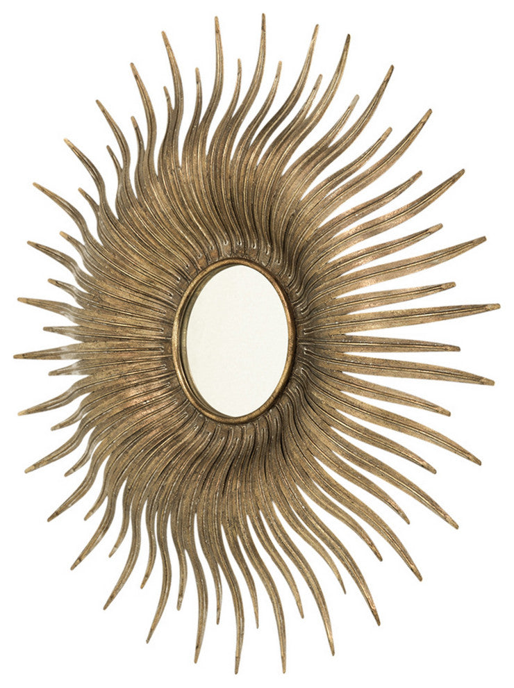 Benzara BM286103 Wall Mount Accent Mirror With Sunburst Iron Frame, Gold