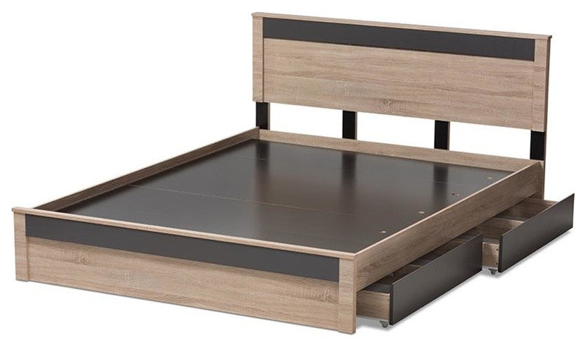 Jamie Two-Tone Oak and Gray Wood Queen 2-Drawer Queen Size Storage Platform Bed
