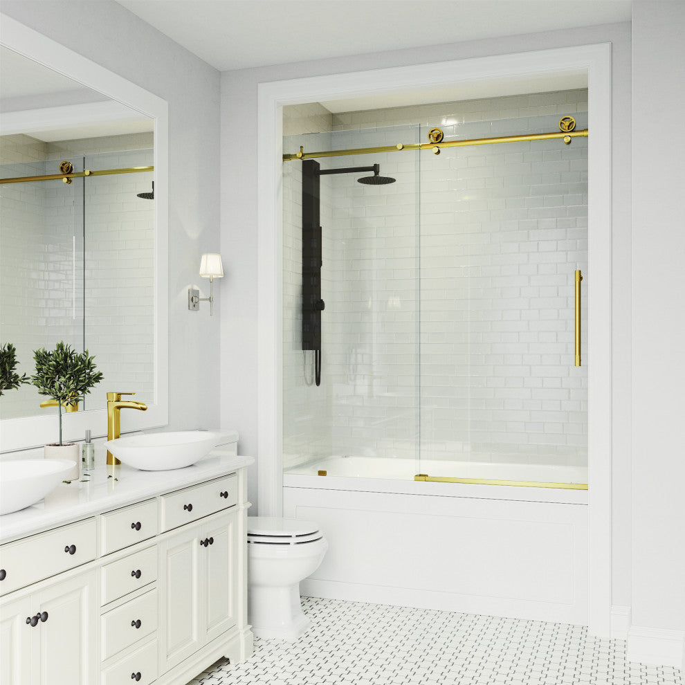 VIGO Elan Cass Aerodynamic 56" to 60" W x 66" H Frameless Sliding Tub Door, Matte Brushed Gold, Clear Glass