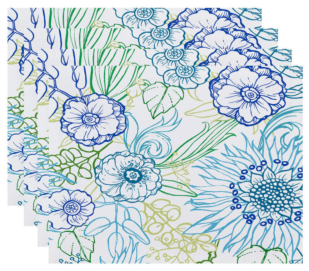 18"x14" Zentanle 4 Color, Floral Print Placemats, Set of 4, Blue