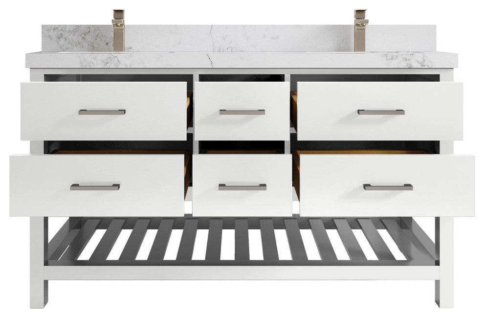 Parker 60 Double Sink Bathroom Vanity in White 2" Calacatta Nuvo