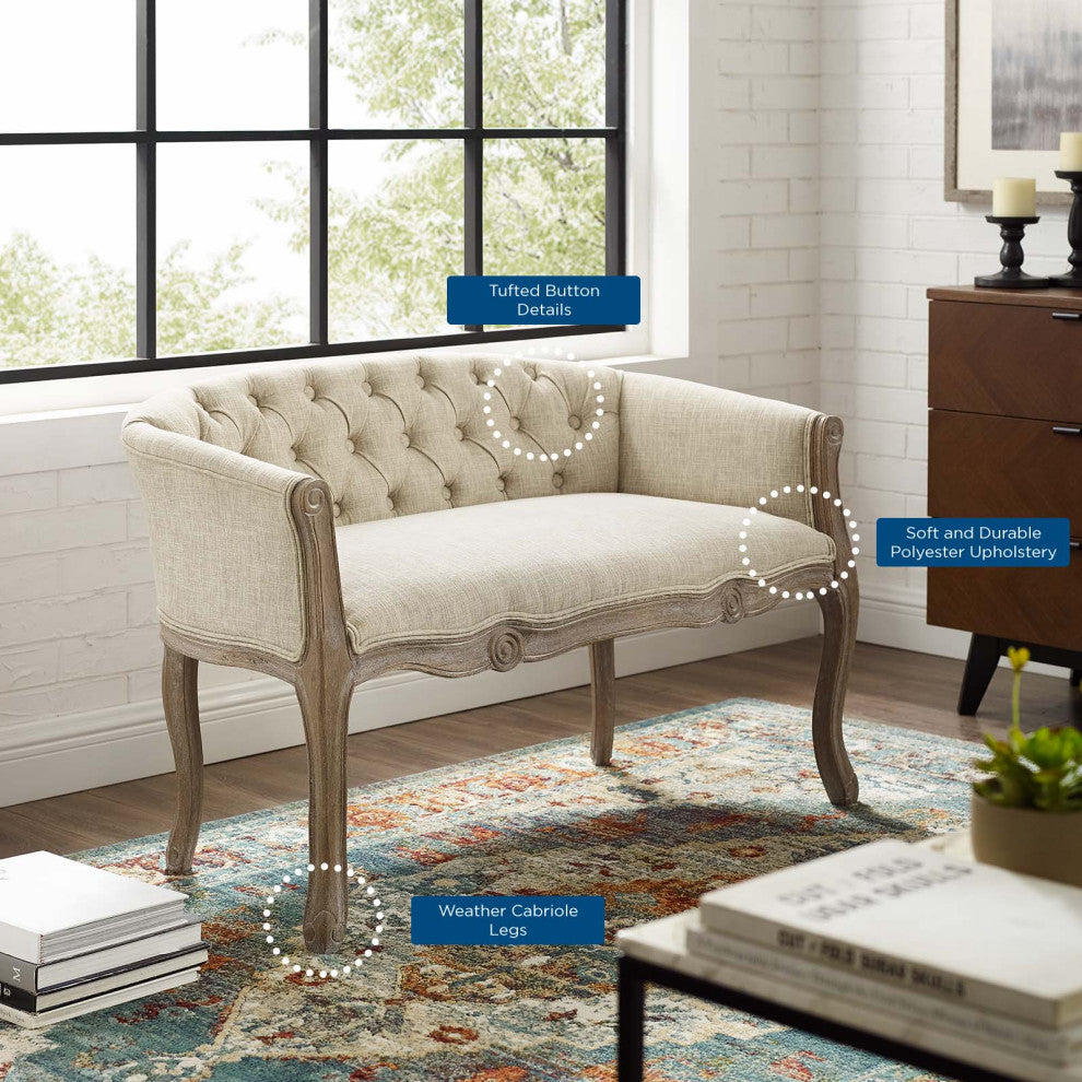 French Vintage Loveseat Sofa, Fabric, Wood, Beige, Modern, Lounge Hospitality