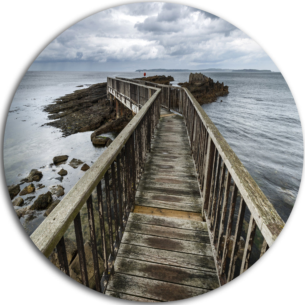 Wooden Pier On North Irish Coastline, Sea Bridge Round Wall Art, 11"