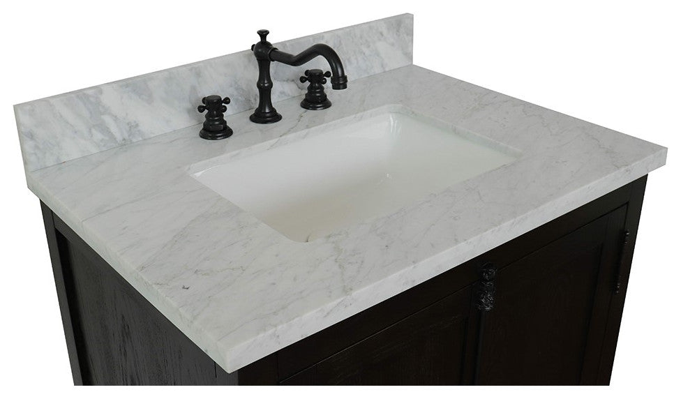 30" Single Vanity, Brown Ash, White Carrara Top, Rectangle Sink