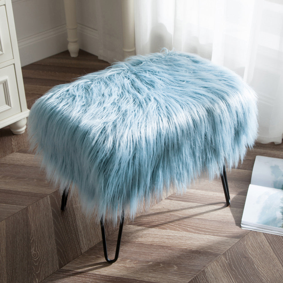 Mongolian Fur Ottoman, Forget Me Not, 19''x13''x17''