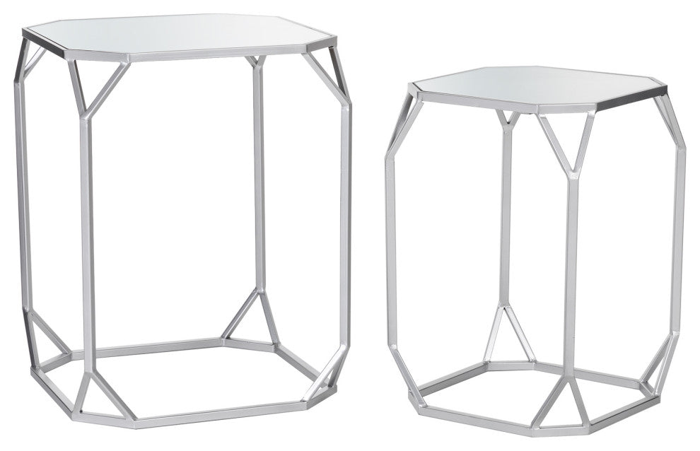 Metal WithGlass Accent Table, Set of 2, Silver