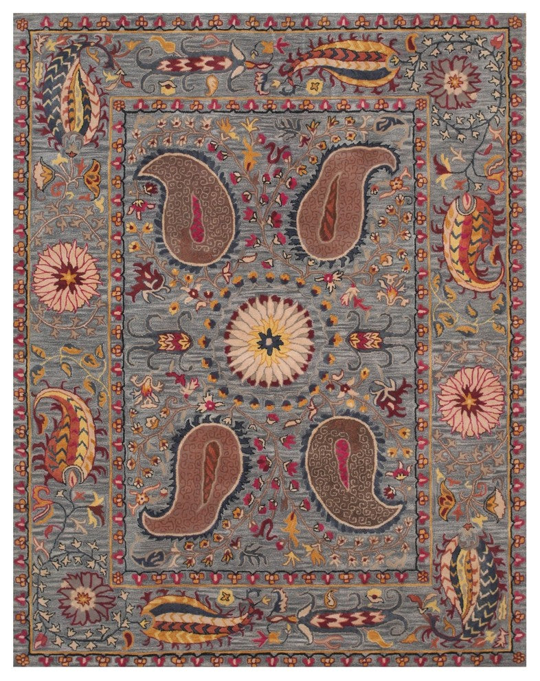 EORC Hand-tufted Wool Blue Transitional Floral Paisley Rug, Round 6''
