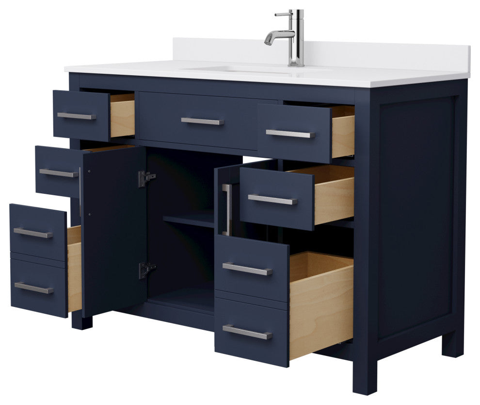 48" Single Vanity Dark Blue, White Cult. Marble Countertop, Sink, Nickel Trim