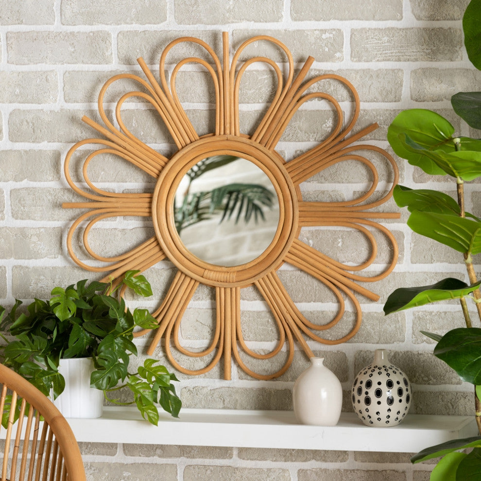 Modern Bohemian Natural Brown Rattan Accent Wall Mirror