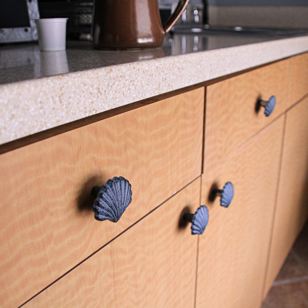 Set of 6 Blue Cast Iron Scallop Sea Shell Drawer Pulls Nautical Cabinet Knobs